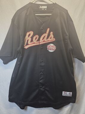 True Fan Cincinnati Reds Stitched Camo Lettering Black Button Up Jersey Size XL